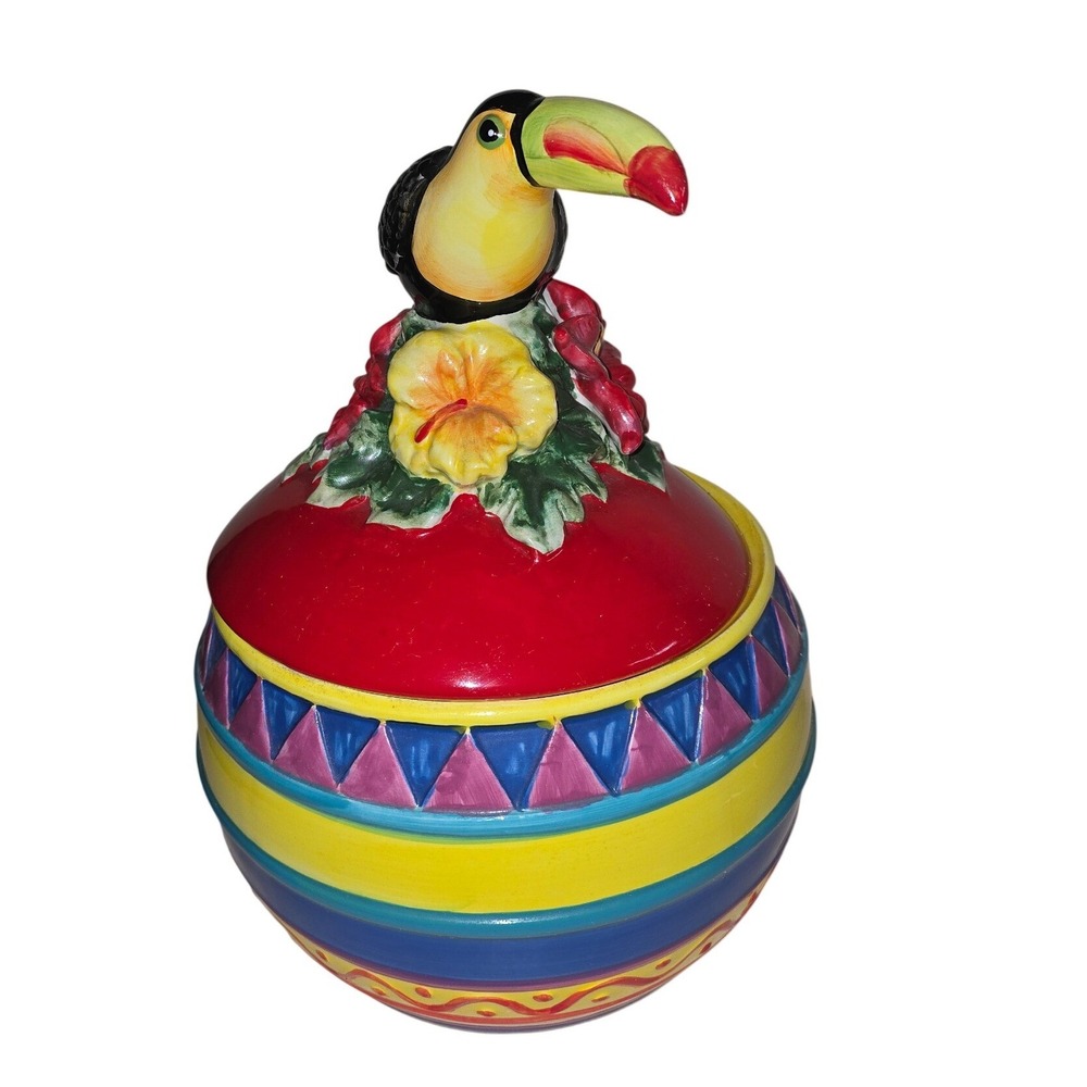 Signature Home Collection Tropical Toucan Ceramic Cookie Jar‎ Canister Floral